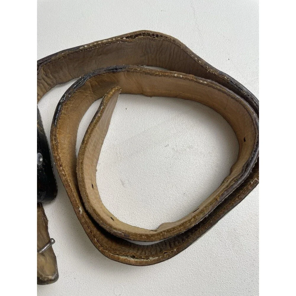 Vintage distressed embroidered bird belt leather with turtle shell belt buckle